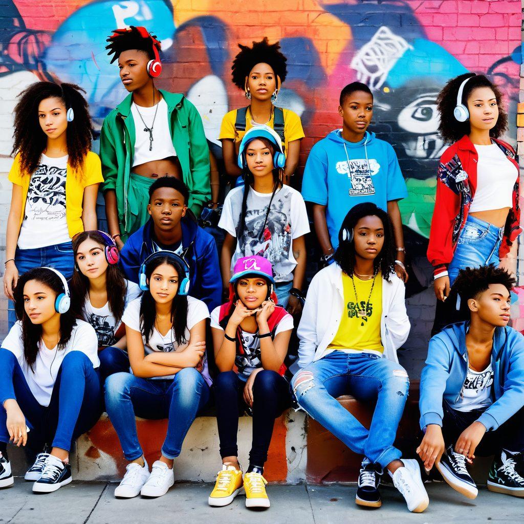 A vibrant collage of diverse teenagers engaging in various cultural expressions, such as fashion, music, and art. The scene features a trendy urban backdrop with speakers blaring, graffiti art, and colorful clothing styles that reflect individuality. Elements like headphones, skateboards, and smartphones are scattered throughout, symbolizing modern teen life. The overall vibe conveys energy and creativity, capturing the essence of today's youth culture. vibrant colors. dynamic composition. urban street art style.