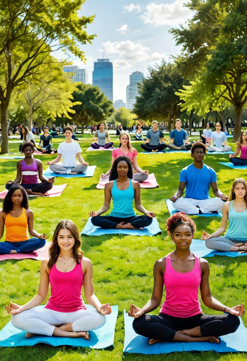 A vibrant split-image capturing the essence of youthful trends: one side depicting a group of diverse teenagers enjoying modern technology like smartphones and tablets, while the other side showcases a serene park setting with young adults practicing yoga and meditating, all immersed in a bright, sunny environment. Add dynamic patterns and symbols representing modern lifestyles, like music notes, art supplies, and fitness icons, flowing between the two scenes. super-realistic. vibrant colors. white background.